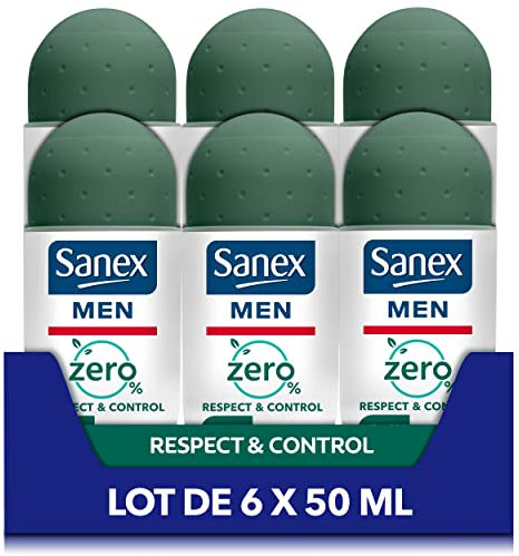 SANEX - Deodorant mit Kugel, 0% Respect & Control – Deodorant für Herren – 24 Stunden Wirksamkeit – ohne Alkohol, ohne Aluminiumsalze – 6 Roll-On à 50 ml