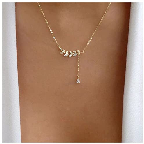 Dervivea Vintage Cz Olivenblatt Halskette Choker Tropfen Kristall Anhänger Halskette Gold Strass Blatt Halskette Cz Blatt Y Tropfen Halskette Olivenzweig Halskette Schmuck Für Frauen Und Mädchen