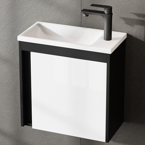 Planetmöbel Badmöbel Set 2-teilig Waschbecken mit Unterschrank 50 x 48,3 x 24,8 cm schwarz matt/weiß Hochglanz, Waschbeckenunterschrank mit Einsatz-Waschbecken weiß