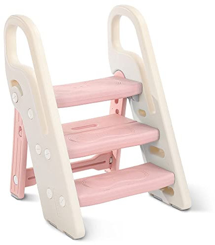 Onasti Foldable Step Stool for Kids, 2 Steps - 3 Steps Height Adjustable Toddler Step Stool, Toilet Steps for Potty Training, Learning Tower with Handle for Bathroom, Bedroom, Kitchen (Pink)