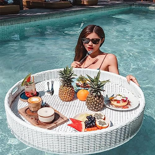 Vassoio da portata galleggiante in rattan di lusso Vassoio galleggiante Galleggianti da piscina Vassoio da pranzo in vimini per servizio in piscina Bevande Brunch Cibo sul tavolo,White-60*60*20cm