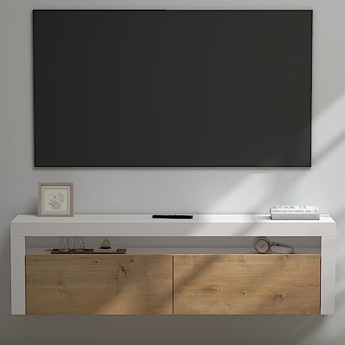 doporro Meuble TV Bas 160x40x46cm Armoire TV Blanc Mat + Marron Clair Table de Télévision Salon avec 2 Portes Meuble TV Suspendu Fernsehschrank01