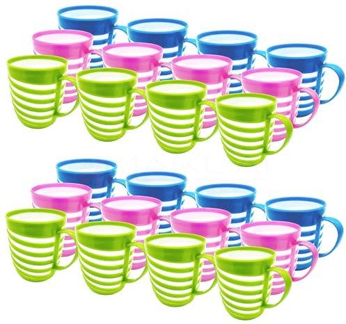 MAKREL Unbreakable Lightweight Plastic Drinking Cups for Camping, Kids Party, Travel & Outdoor Tea Coffee Mugs BPA Free with Handle (Striped, Pack of 24)