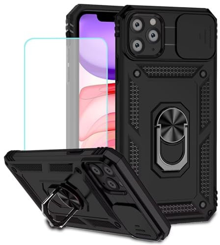 Jhxtech for iPhone 11 Pro Case 5.8 Case with Tempered Glass Screen Protector and Slide Camera Cover, Magnetic Ring Car Mount Holder Kickstand Protective Cases Cover for Apple iPhone 11 Pro Black