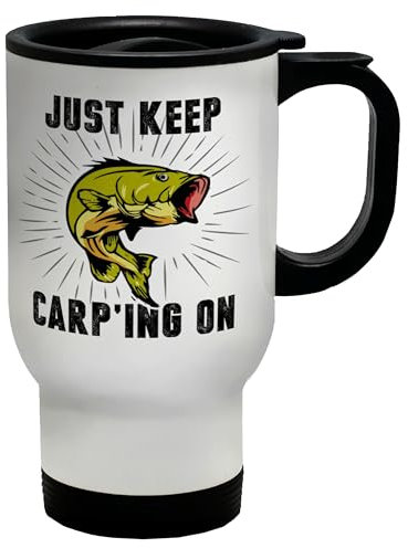 Shopagift Just Keep Carp'ing On Travel Mug Funny Joke Fishing Fish Fisherman Stainless Steel 14oz Cup