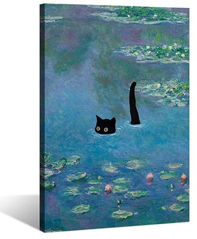 Gwindrise Gerahmtes Wandbild, 40,6 x 61 cm, Motiv: Monets schwarze Katze im Seerosen-Teich, Leinwand-Wandkunst für Wohnzimmer, Schlafzimmer, Badezimmer, Vintage-Drucke, lustige Geschenke