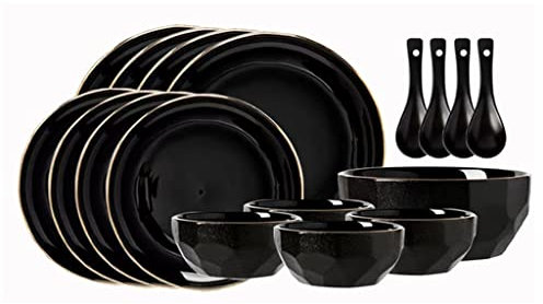 Plato Negro Y Plato de Tazón para Comida para Ensalada de Comida Sopa de Tazón Restaurante de Cubiertos/a/4 Person Set
