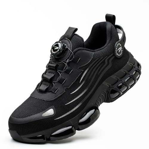 Gugifcto Sicherheitsschuhe Arbeitsschuhe Herren Damen Leicht Sportlich Atmungsaktiv Schnellverschluss Stahlkappen Anti-Smashing Mode Schutzschuhe Black 42 EU