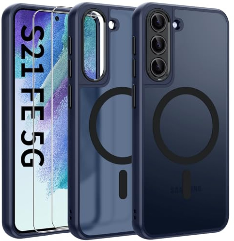 Opkiegrn Hülle für Samsung Galaxy S21 FE, Kompatibel mit MagSafe, Blau | 2x Schutzfolie, Vollständiger Kameraschutz, Stoßfest Dünn Durchscheinende Matt SchutzHülle