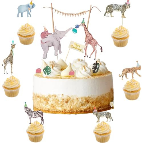 KOBOKO Safari Cake Topper, Kuchen Deko Geburtstag, Tiere Tortendeko, Dschungel Deko Kindergeburtstag für Party Animals Babyparty Mädchen Junge