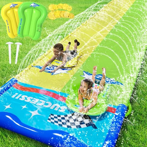 JONRRYIN Toboggan Aquatique, Toboggan à Eau pour Double Glissade de 600 * 140 cm et 2 Planches de Surf, Jouets d'été pour Adultes et Enfants pour Le Jardin, Piscine, Extérieu (1)