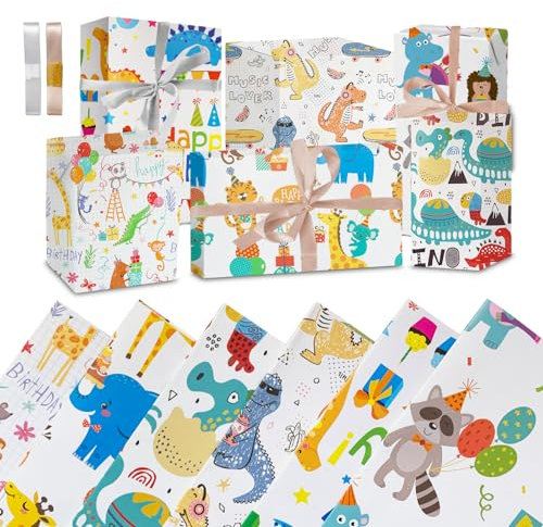FIHODONE 6 Stück Geschenkpapier Geburtstag Kinder, Geschenkpapier Rolle Mädchen 50 X 70cm, Wrapping Paper, Geschenk Papier mit 2 Bündel Bänder, für DIY Dekorationen, Glückwünsche