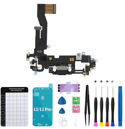 Ladeanschluss für iPhone 12, Ersatz für iPhone 12 Pro, USB-Daten-Dock-Anschluss, Antanna-Mikrofon mit Reparaturwerkzeug-Set für A2172, A2402, A2403, A2404, Schwarz