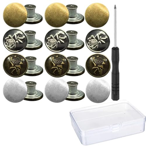20 PCS Bottoni Jeans, Bottoni Jeans Regolabili di Ricambio Nessun Bottone Istantaneo Instant Buttons in Metallo Bottoni, Dotato di cacciavite speciale per pulsanti (17-18 mm, Bronzo/Argento)