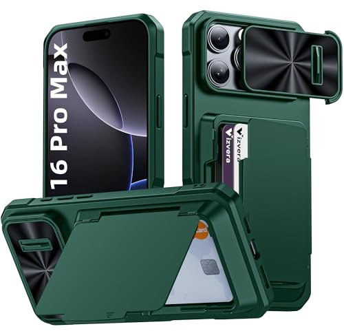Vizvera iPhone 16 Pro Max Case with RFID Card Holder, Slide Camera Cover, Kickstand, Matte Hard Back, TPU Soft Edge Case Anti Drop Dustproof Wallet Phone Cover - Green