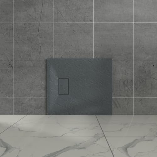 Aquariss Anthracite Rectangular Shower Tray Slate Effect SMC Slip-Resistant Shower Base for Bathroom Enclosures 900x700mm with Waste