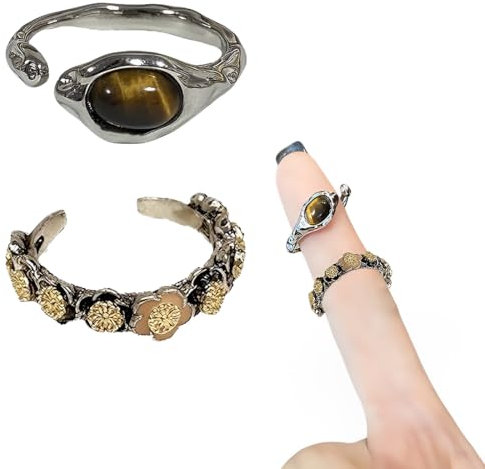 WeddHuis 2 Stück Tigerauge-Ring, goldfarbenes Blumen-Ring - Edelsteinschmuck für Damen