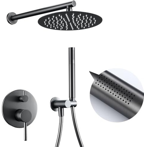 Gun Gray Regendusch-Kombi-Set mit Wandhalterung, 30,5 cm, Messing, Warm- und Kaltmischer, Umstellhahn
