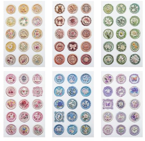 90 Stück vorgefertigte Wachssiegel-Aufkleber, 6 Bögen, Vintage-Themen, selbstklebende Aufkleber für Hochzeitseinladungen, Umschläge, Siegelaufkleber, Geburtstagsgeschenk, Scrapbooking, Tagebuch,