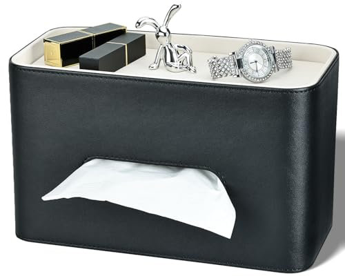 GORESE Kosmetiktücherbox mit Tray,Leder Taschentuchbox Papiertaschentuchhalter Tissue Box für Büro, Zuhause, Auto, Badezimmer, Tücherbox Taschentuchspender mit Ablage für Kleinigkeiten(Schwarz)