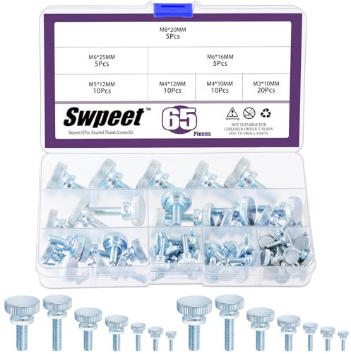 Swpeet Assortiment de 65 vis moletées plaquées zinc 7 tailles M3 M4 M5 M6 M8 Vis moletées plates entièrement filetées Vis moletées Vis moletées Vis moletées Vis moletées avec boutons de fixation