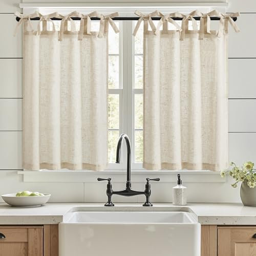 Vangao Rideau Cuisine Lin Translucide Rideaux Courts avec Nœud Papillon Petit Rideau Nature Intérieur Moderne pour Salon Placard Chambre Fenêtre Décoration 2 Pièces 65x90cm