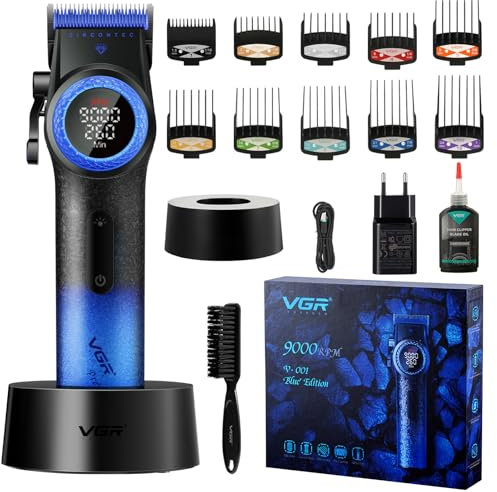 VGR 001 Professionelle Haarschneidemaschine für Männer, Schnurlose Friseurschermaschine zum Haarschneiden, Karbonstahlklinge Haarschneider für Barbiere, 9000 U/min, LED-Anzeige, Blau