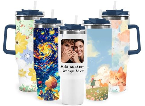 Xtuleath Personalised 40oz Stainless Steel Vacuum Insulated Personalised Tumbler with Straw and lid Picture Mugs Personalised with Handle for Hot Iced Coffee