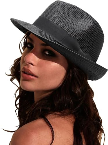 DRESHOW Damen Panama Hut Breiter Krempe Stroh Sommer Fedora Strohhut Panama Aufrollen Hut Strand Rollbar UV Sonnenhut UPF 50 +