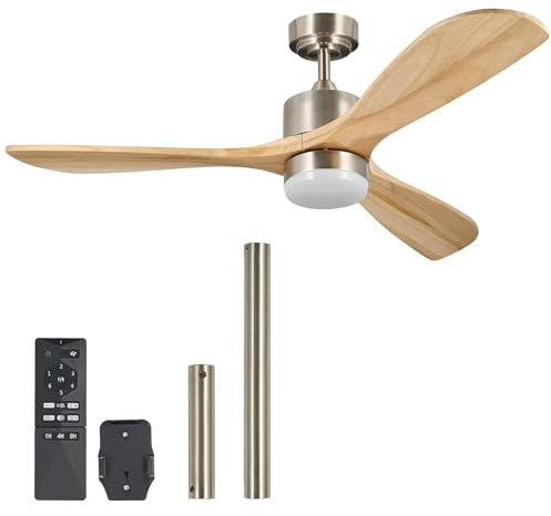 VONLUCE Ceiling Fans with Lights Remote Control, 132 cm Wood Indoor Outdoor Ceiling Fan with 3 Blades 6 Speed Noiseless Reversible DC Motor, Dimmable Timed Lighting for Bedroom Living Room Study Patio