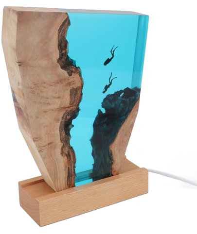 Hyuduo LED -Harz -Taucher -Nachtlicht, Ozean -Nachtlampe mit Sieben Farben LED -Licht, USB -Stecker für Wohnzimmerdekor, Holzbasis