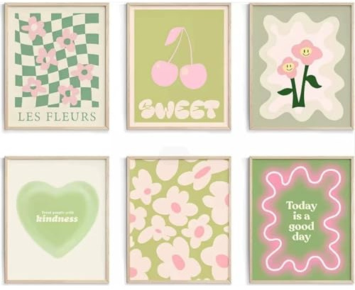 Generisch 6 Stück Blumen Bilder Poster Set Blumenmarkt Wandkunstdrucke Blumenstrauß Kirsche Herz Grün Poster Pictures Aesthetic Room Decor ohne Rahmen (30×40cm)