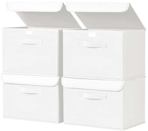 Homsorout Aufbewahrungsboxen mit Deckel - 4er Set Aufbewahrungskorb Stoff Faltbare Aufbewahrungsbox mit Transparentem Sichtfenster, 38 x 25 x 25 cm Faltbox für Kleidung, Würfelregal, Weiß