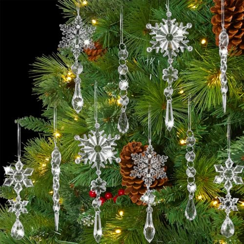 Filltown Schneeflocken-Weihnachtsbaumschmuck, hängende Acryl-Schneeflocken-Eiszapfendekorationen mit Tropfen-Ornamenten für Weihnachtsbaum, Winterwunderland, Urlaub, Eiszapfen, Party-Dekoration, 10