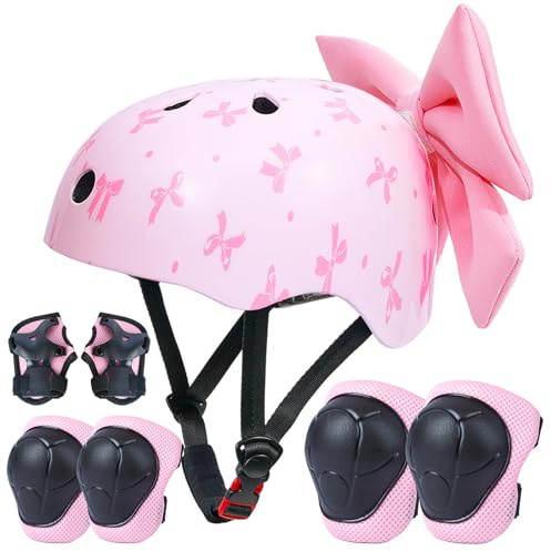 EllaSeek Kids Bike Helmet and Pads Set for Girls Ages 8-14, Adjustable Skateboard Helmet with Knee and Elbow Pads, Lightweight Protective Gear for Cycling, Scooter, Skating with Cute DIY Bow