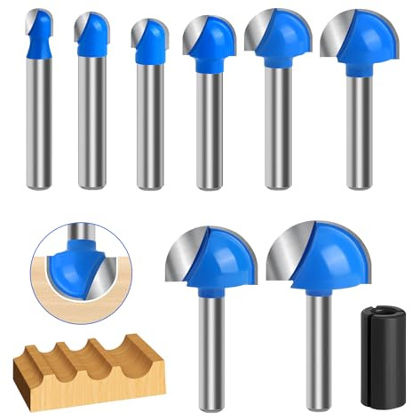 8pcs Core Box Router Bit Set - 6mm Shank Solid Carbide, 1/4 to 1 Round Nose Double Flute Design for Woodworking, Cutting Half-Round Grooves & Coving