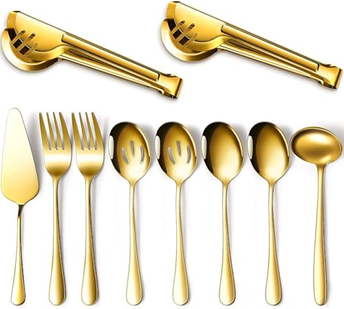 LATERN 10Pcs Serving Utensil Set, Stainless Steel Flatware Serving Tool Kit Included Large Spoon Slotted Spoon Fork Tong Soup Ladle Pie Server Buffet Catering - Gift for Wife Mother Chrismas (Gold)