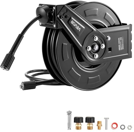 VEVOR Carrete de Manguera para Hidrolavadora 18,3 m x 6,4 mm, Retráctil de Acero, para Pared y Suelo, Presión de 275,8 bar, Rebobinado Automático para Lavado de Coches, Suelos y Jardines, Negro