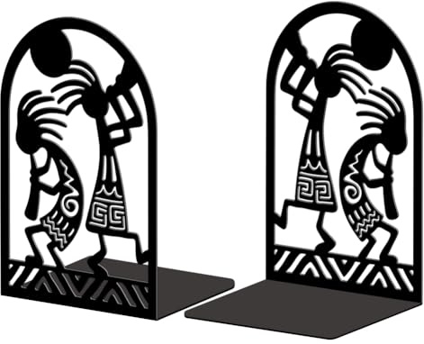 Peacoblue Serre Livre Original Metal Noir, Serre-Livres Kokopelli Joueur De Flûte Tribale Design Moderne Serré Livre Decoratif Bureau pour Bureau, Cuisine, Étagère et Bibliothèque, 1 Paire