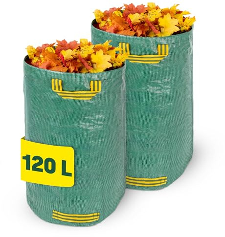 LIVIVO Heavy Duty Garden Bags with Handles – 120L, Set of 2 Reusable Garden Waste Bags, Collapsible Design with Stay-Open Ring for Lawn, Plants & Outdoor Rubbish