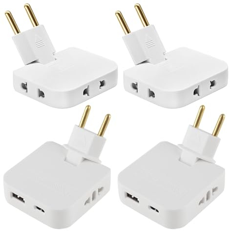 Nzkeuf 4 Prise Plate, Multiprise Plate Derriere Meuble avec 1 Port USB + 1 Port Type-C, 3 en 1 Européenne vers Prise de Voyage Standard Américaine, Rotation à 180 ° pour Peu d'espace