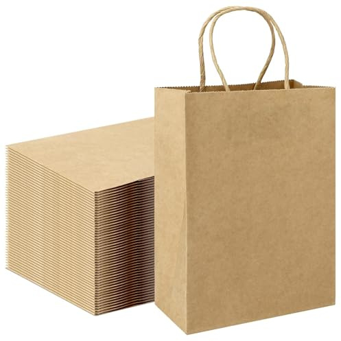 100 Stück Braune Papiertüten mit Henkel, 15x21x8cm Kleine Papiertragetaschen mit Flachgriff Kraftpapiertüten als Geschenktüten Tüten