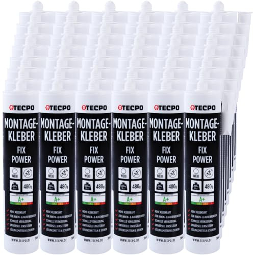 TECPO Montagekleber Fix Power, 48x 480g Universal Baukleber Kartuschen Kraftkleber 200kg 10 cm² für Akustikpaneele, Styropor, Sockelleite Innen und Außen schnelle Verklebung ohne Grundierung