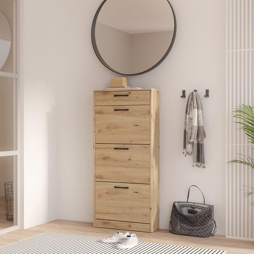Forte NIKO Schuhschrank 60, Skandi-Schrank, 3 Kippfächer, 1 Schublade, Holzwerkstoff, Flur, Abstellraum, Artisan Eiche Holzdekor, 58,2 cm breit x 127,7 cm hoch x 20,4 cm tief