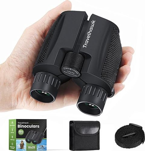 TravelHawk Fernglas 10x25 HD – Kompaktes BAK4 Prisma Fernglas mit FMC-Vergütung, Wasserabweisend, für Vogelbeobachtung, Wandern & Reise – für Brillenträger geeignet – inkl. Tragetasche & Tragegurt