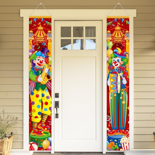 Qpout 2pcs Clown Tür Banner Karneval Fasching Deko Zirkus Party Girlande zum Aufhängen Interessante Clownbehänge Heimfenstertürbehänge Karnevalspartydekoration 180x30cm