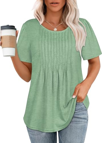 florynova Womens T Shirts Summer Short Sleeve Pleated Tops(Grass Green,L)