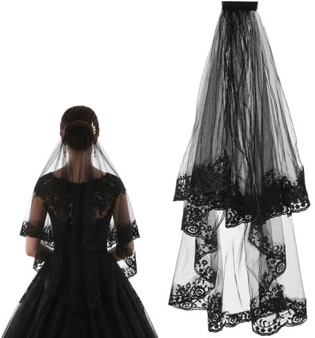 Matwsec Schwarz Brautschleier Schleier Braut mit Kamm für Black Widow Zombie Braut Kostüm Jga Junggesellinnenabschied Hochzeit Zubehör Schleier Halloween Karneval Cosplay Beerdigung Kostüm
