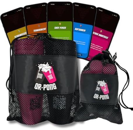 QR-Pong - Beer Pong mit App und 3.000 lustigen Aufgaben - 22 Wiederverwendbare Hartplastikbecher Made in Germany - Das coolste Geburtstagsgeschenk - Trinkspiel [SCHWARZ/PINK] (20er Bälle Set Bundle)