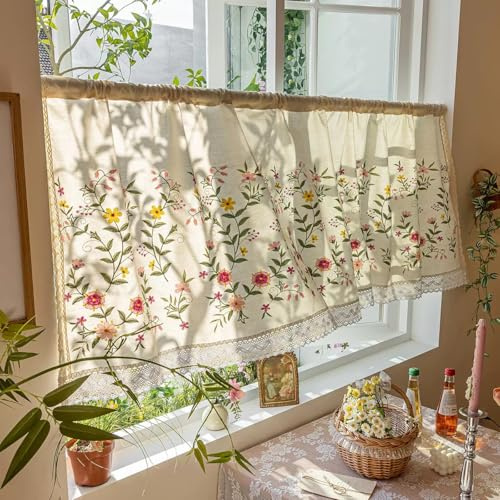 Devola Scheibengardine Blumen Stickerei Kurzgardine Leinen HxB50x90cm Rosa | Landhausstil Bistrogardine Blickdicht, Vintage Gardine Frühling, Küche Fenstergardinen mit Häkelspitze 1 Stück